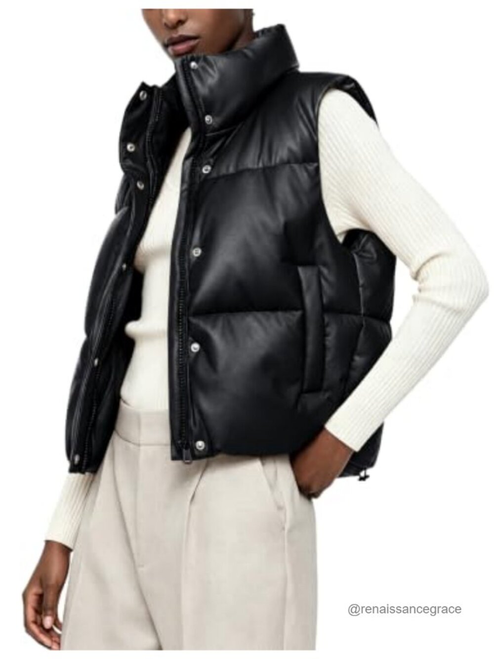 Faux Leather Puffer Vest Zip Up Sleeveless Winter Cropped Jacket